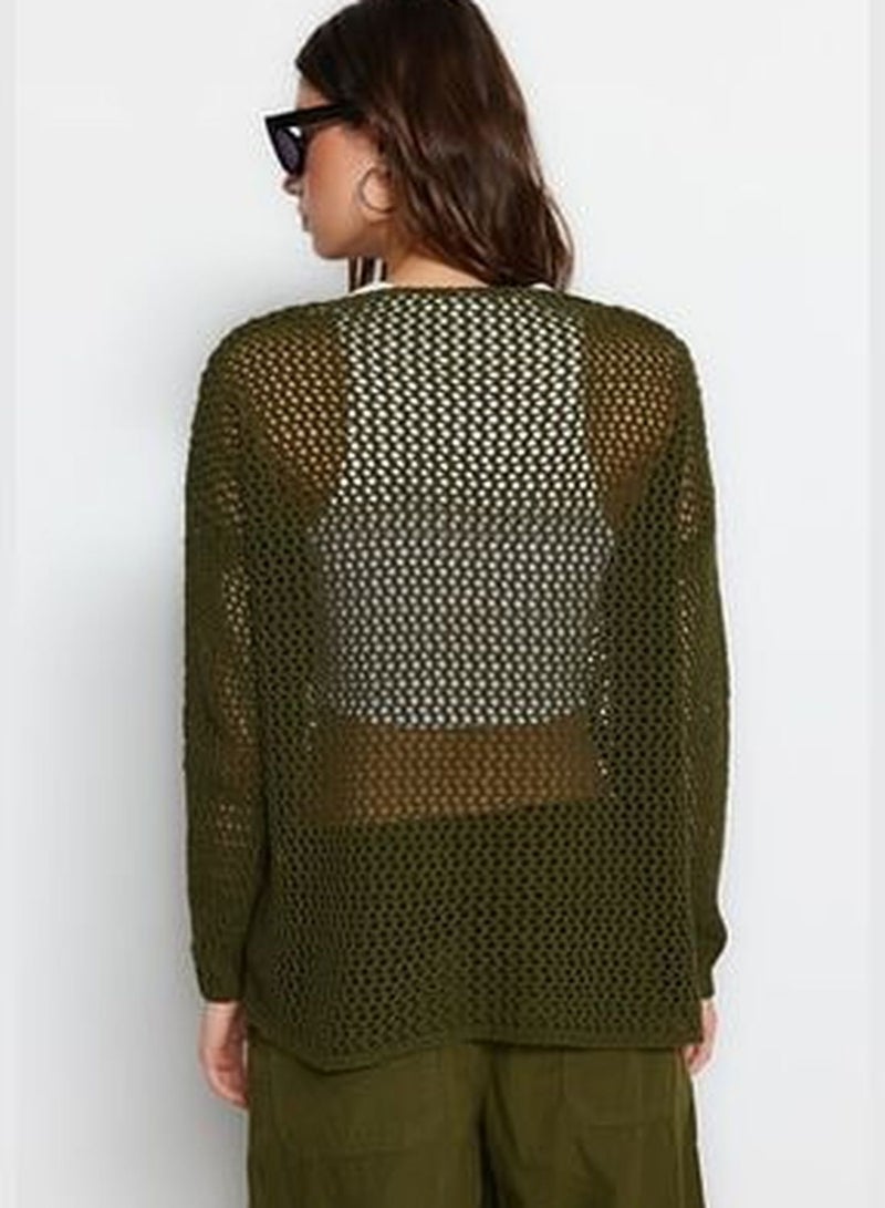 Khaki Super Wide Fit Cotton Openwork/Perforated Knitwear Sweater TWOAW20FV0184