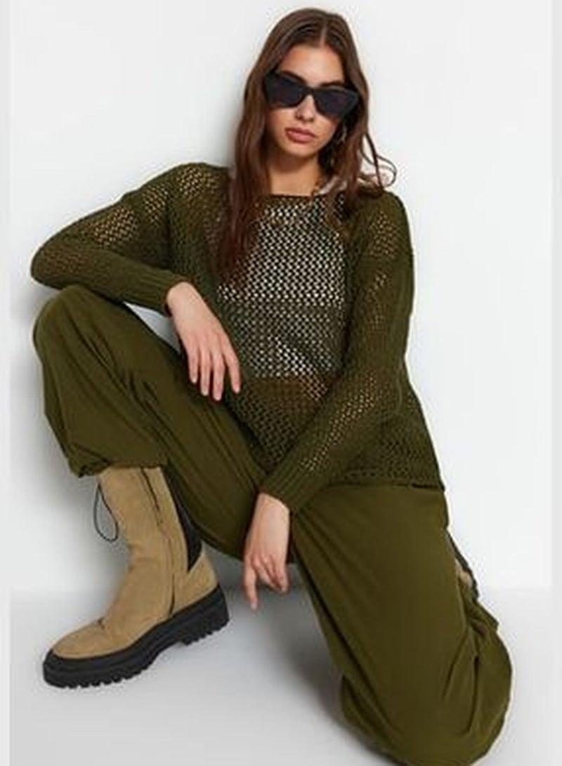 Khaki Super Wide Fit Cotton Openwork/Perforated Knitwear Sweater TWOAW20FV0184