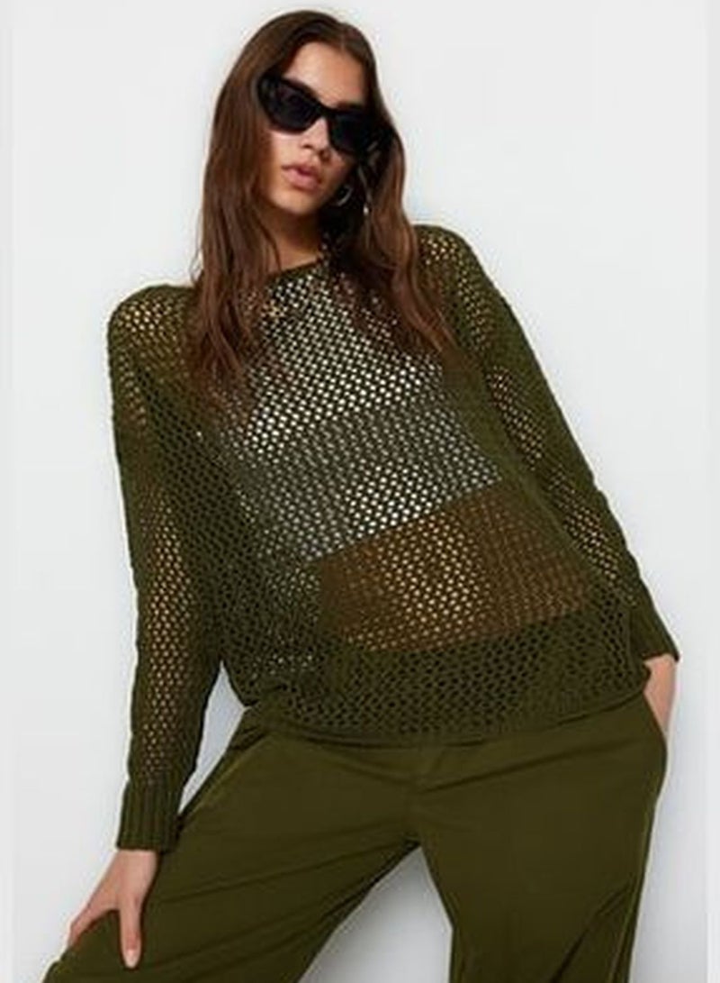 Khaki Super Wide Fit Cotton Openwork/Perforated Knitwear Sweater TWOAW20FV0184