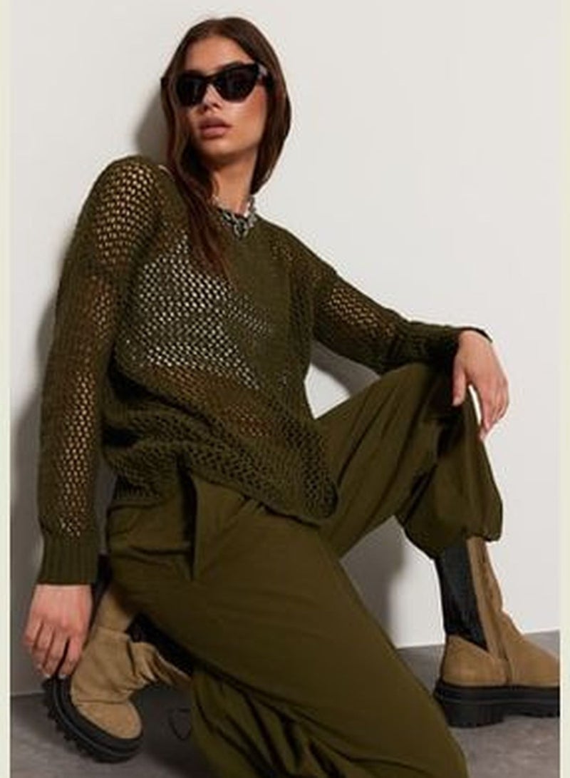 Khaki Super Wide Fit Cotton Openwork/Perforated Knitwear Sweater TWOAW20FV0184