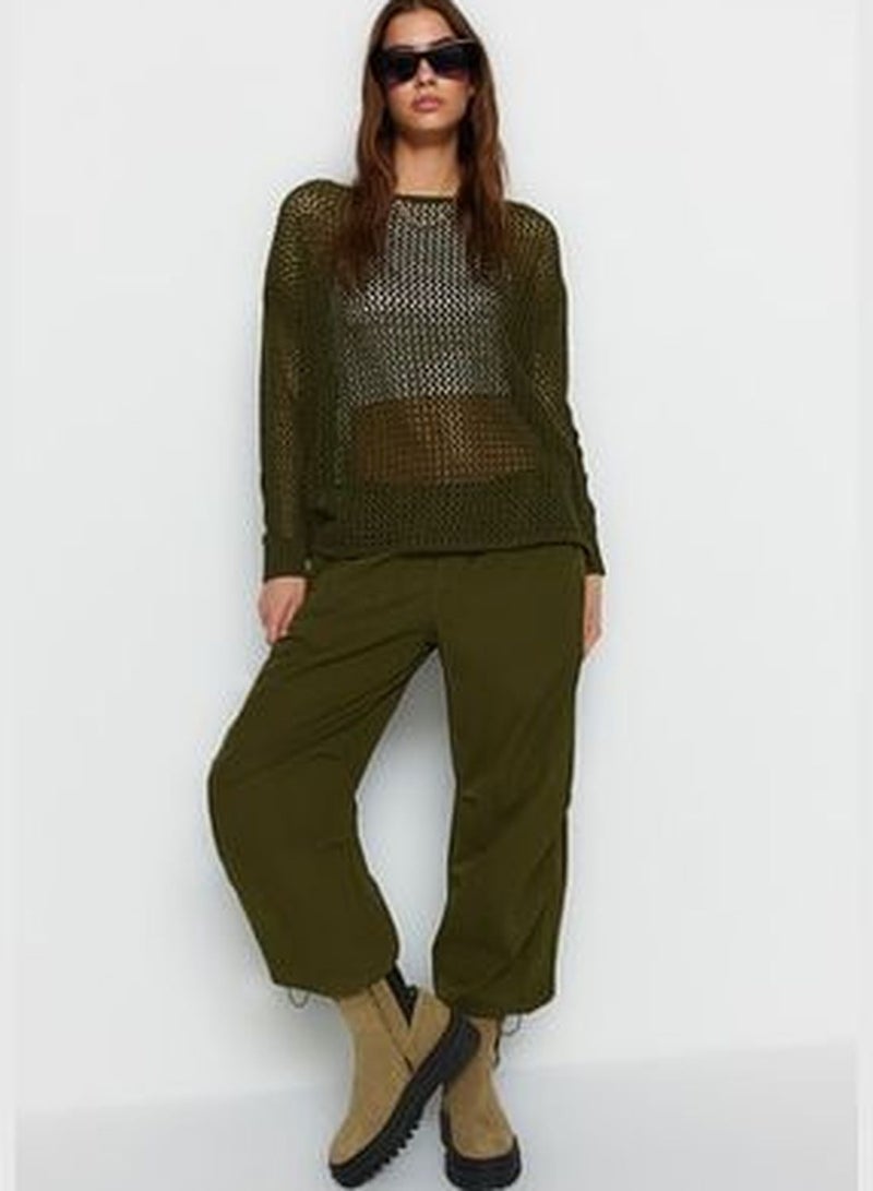 Khaki Super Wide Fit Cotton Openwork/Perforated Knitwear Sweater TWOAW20FV0184