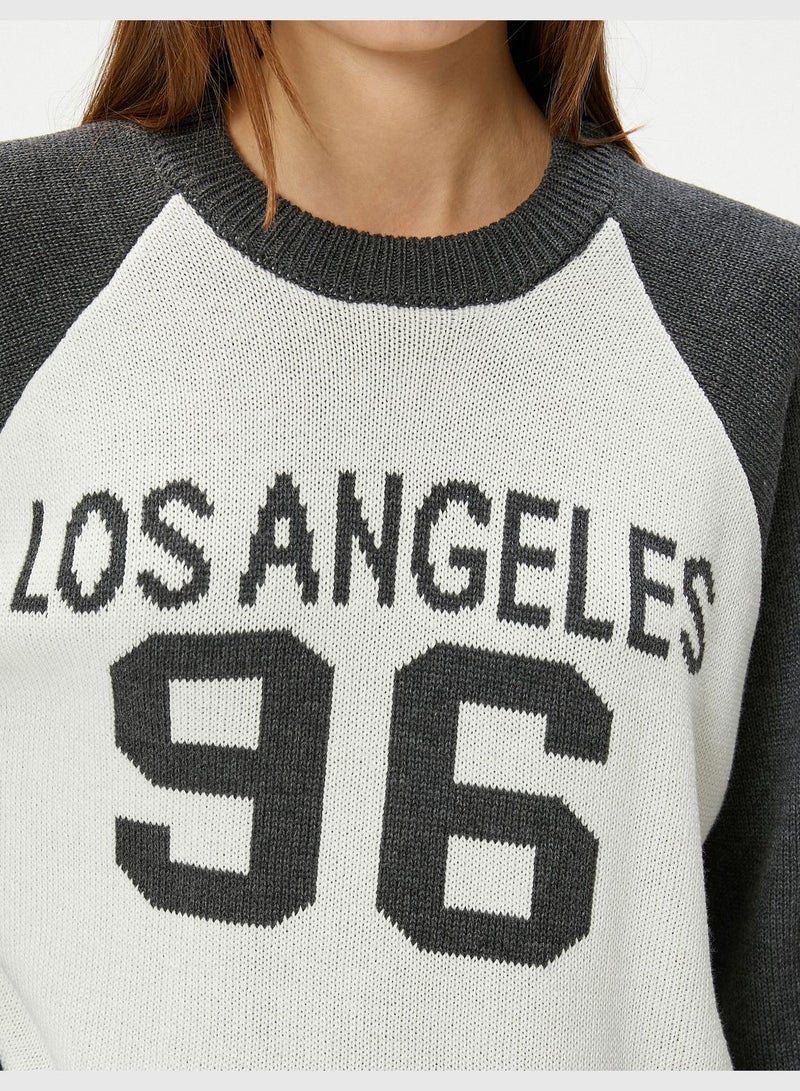 Varsity Knit Sweater Color Contrast Long Sleeve Crew Neck