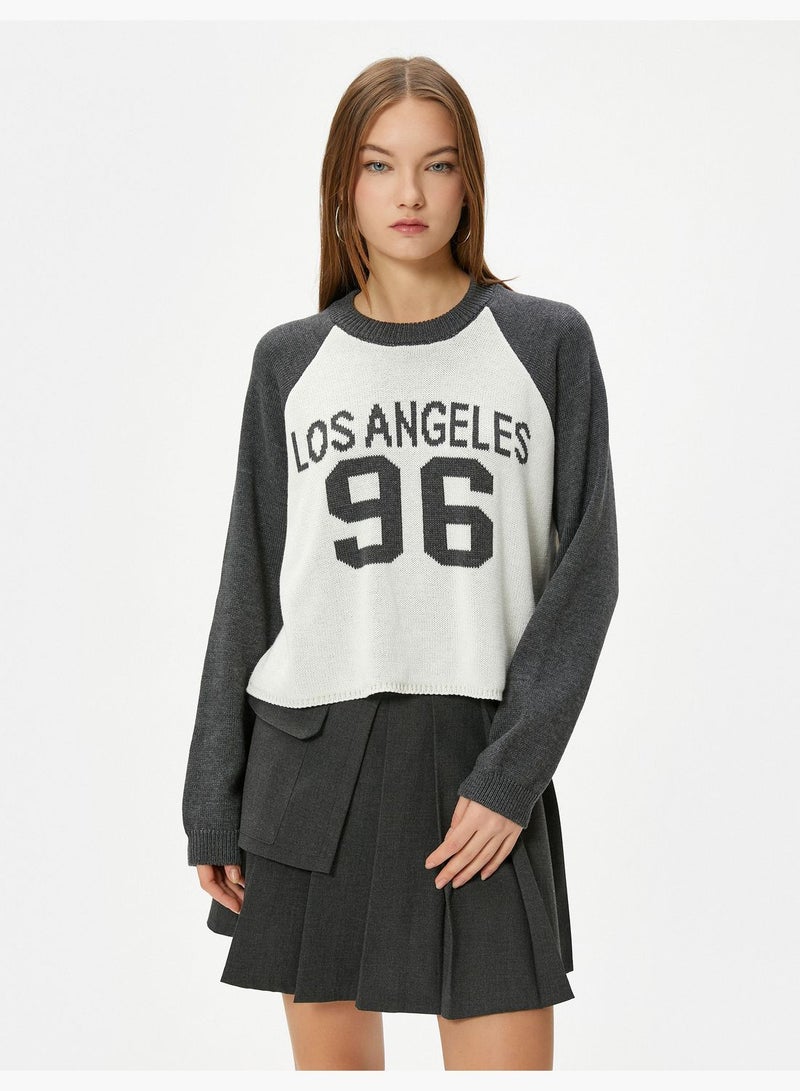 Varsity Knit Sweater Color Contrast Long Sleeve Crew Neck