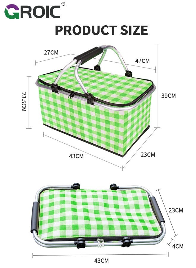 30L Large Picnic Basket Shopping Travel Camping Grocery Bags,Insulated Picnic Basket,Leak-Proof Collapsible Cooler Bag,Grocery Basket with Lid and 2 Sturdy Handles,Camping Supplies(Green)