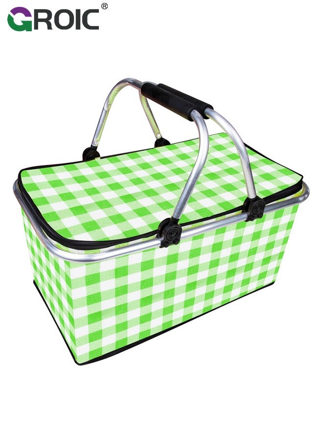 30L Large Picnic Basket Shopping Travel Camping Grocery Bags,Insulated Picnic Basket,Leak-Proof Collapsible Cooler Bag,Grocery Basket with Lid and 2 Sturdy Handles,Camping Supplies(Green)