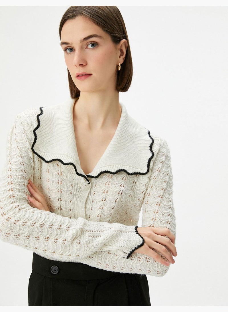 Polo Neck Buttoned Ajoure Knitted Cardigan