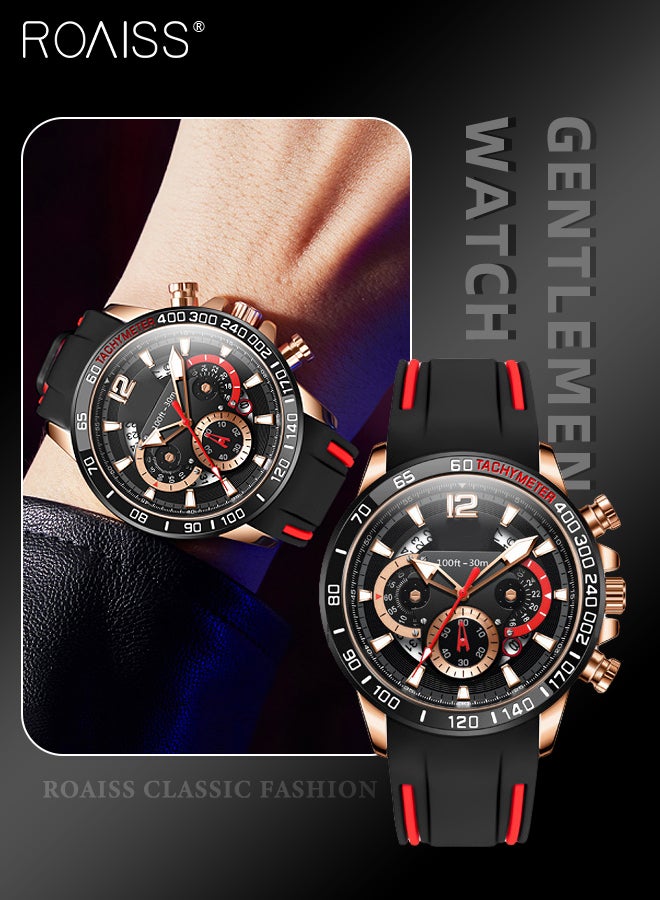 Men's Silicone Strap Chronograph Quartz Watch Round Black Dial with Chronograph Subdials Waterproof Luminous Wristwatch as Gift for Men