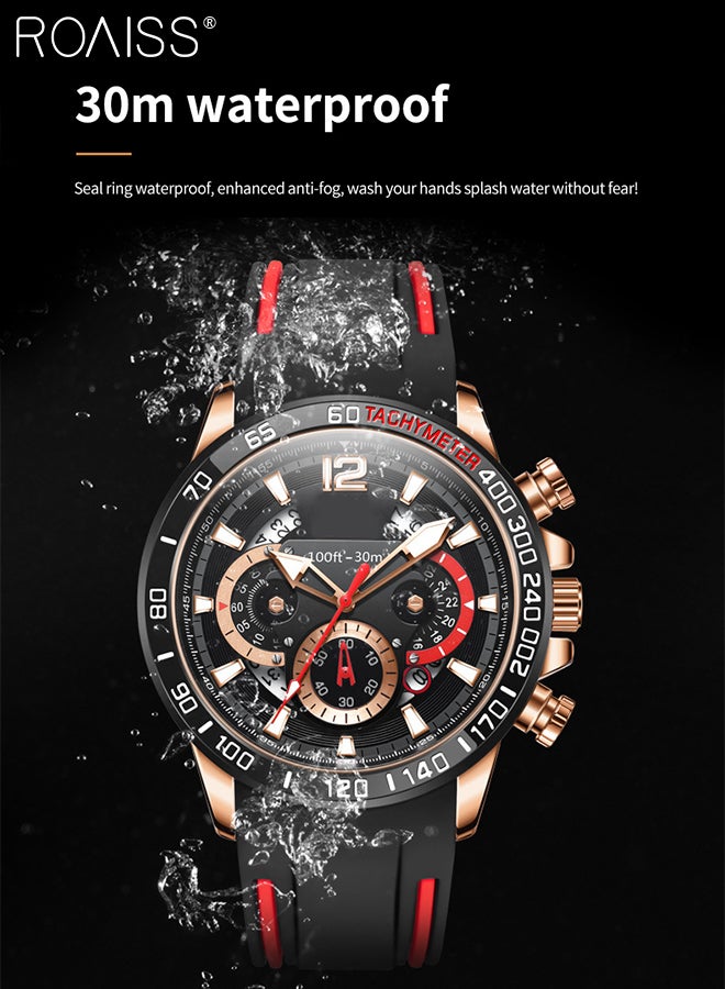 Men's Silicone Strap Chronograph Quartz Watch Round Black Dial with Chronograph Subdials Waterproof Luminous Wristwatch as Gift for Men