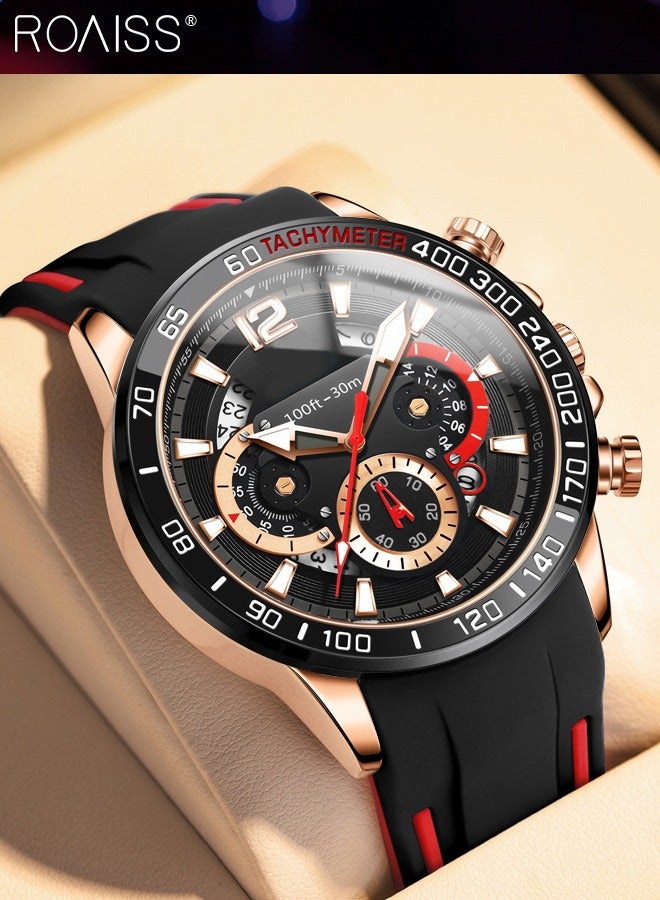 Men's Silicone Strap Chronograph Quartz Watch Round Black Dial with Chronograph Subdials Waterproof Luminous Wristwatch as Gift for Men