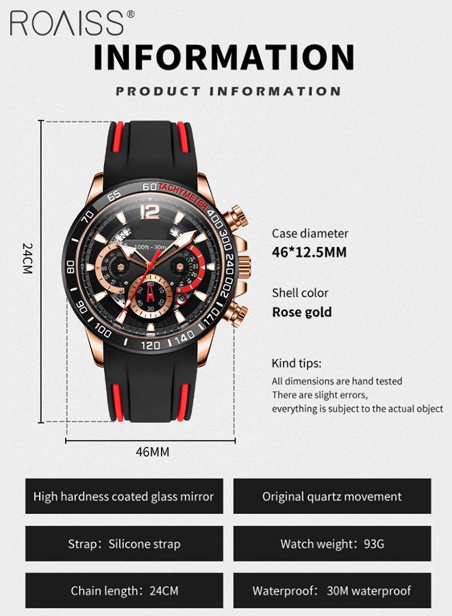 Men's Silicone Strap Chronograph Quartz Watch Round Black Dial with Chronograph Subdials Waterproof Luminous Wristwatch as Gift for Men