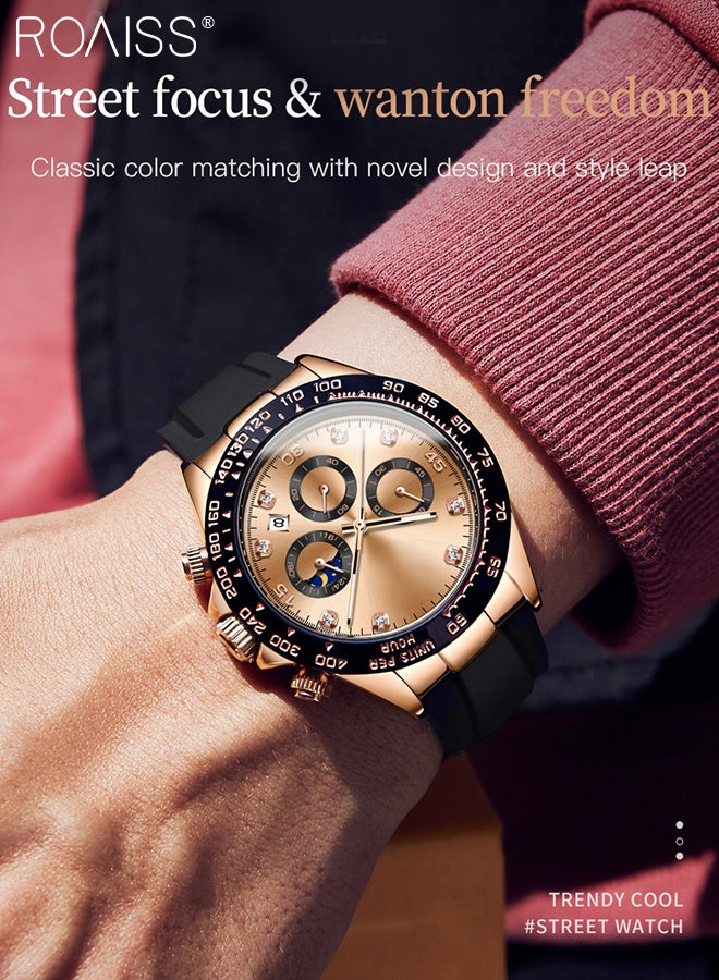 Men's Silicone Strap Chronograph Quartz Watch Round Rose Gold Dial with Moon Phase and Calendar Display Waterproof Luminous Wristwatch as Gift for Men