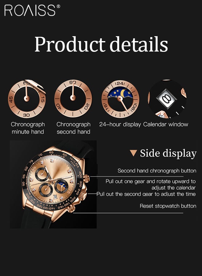 Men's Silicone Strap Chronograph Quartz Watch Round Rose Gold Dial with Moon Phase and Calendar Display Waterproof Luminous Wristwatch as Gift for Men