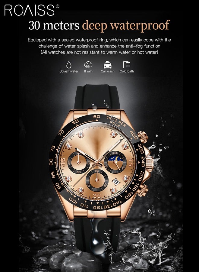 Men's Silicone Strap Chronograph Quartz Watch Round Rose Gold Dial with Moon Phase and Calendar Display Waterproof Luminous Wristwatch as Gift for Men