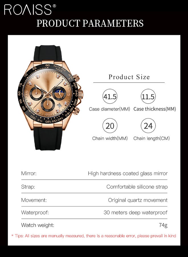 Men's Silicone Strap Chronograph Quartz Watch Round Rose Gold Dial with Moon Phase and Calendar Display Waterproof Luminous Wristwatch as Gift for Men