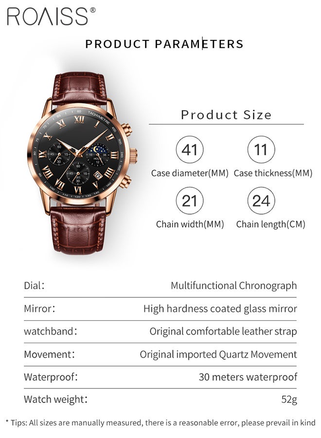 Men's Leather Strap Chronograph Quartz Watch Round Black Dial with Moon Phase and Calendar Display Waterproof Luminous Wristwatch as Gift for Men