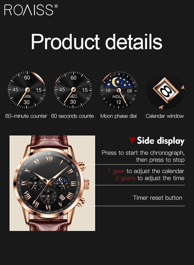 Men's Leather Strap Chronograph Quartz Watch Round Black Dial with Moon Phase and Calendar Display Waterproof Luminous Wristwatch as Gift for Men