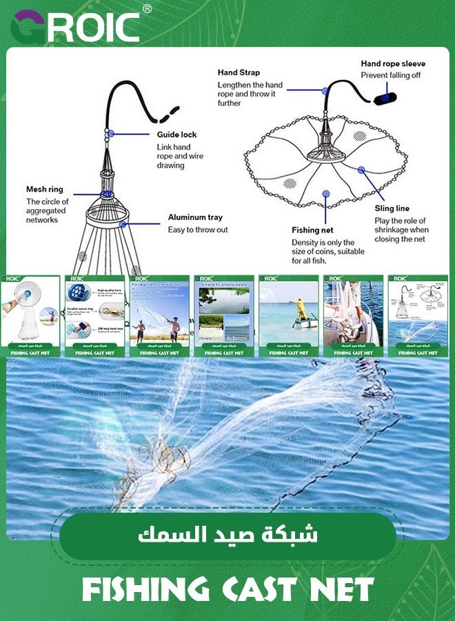 Casting Net with Fish Cage, 3.95ft Radius Cast Nets for Fishing, Saltwater Freshwater Folding Fishing Net with Aluminum Flying Disc, Easy to Throw Casting Net for Bait Trap Fish