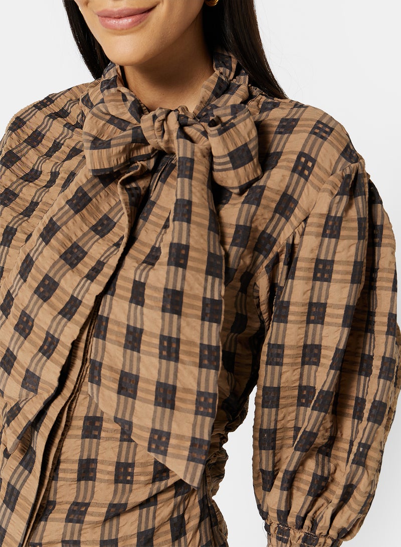 Checkered Neck Tie Shirt Brown