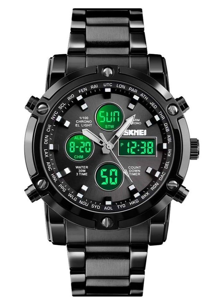 SKMEI Mens Wrist Watch, Waterproof Military Analog Digital Watches with LED Multi Time Chronograph, Stainless Steel Business Watches for Men