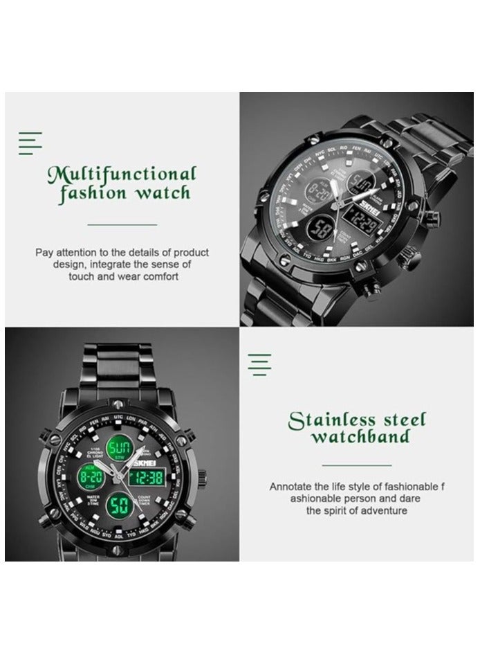 SKMEI Mens Wrist Watch, Waterproof Military Analog Digital Watches with LED Multi Time Chronograph, Stainless Steel Business Watches for Men