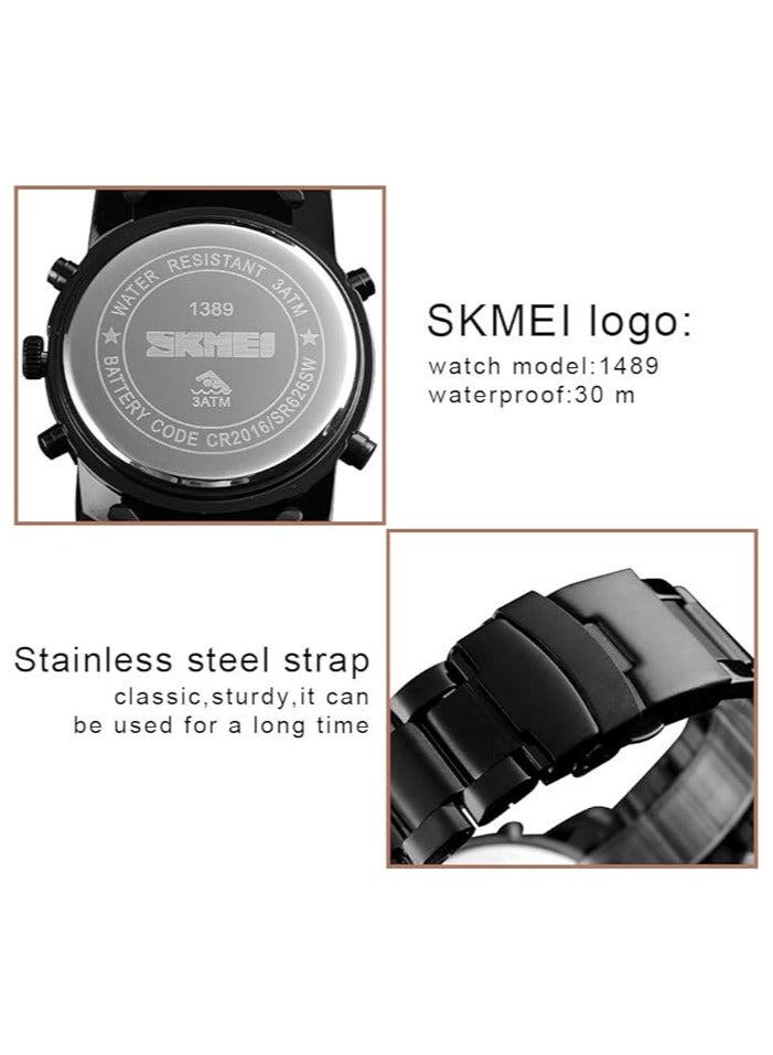 SKMEI Mens Wrist Watch, Waterproof Military Analog Digital Watches with LED Multi Time Chronograph, Stainless Steel Business Watches for Men