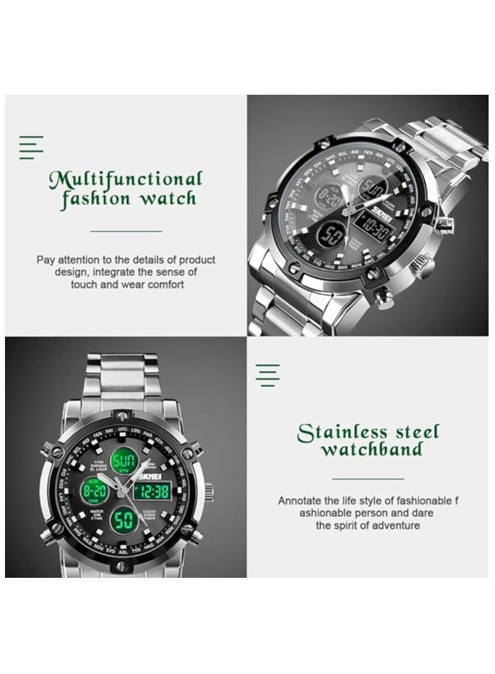 SKMEI Mens Wrist Watch, Waterproof Military Analog Digital Watches with LED Multi Time Chronograph, Stainless Steel Business Watches for Men