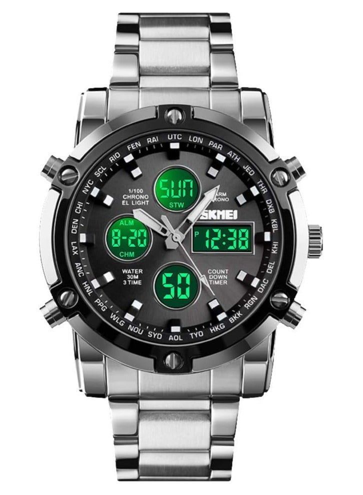 SKMEI Mens Wrist Watch, Waterproof Military Analog Digital Watches with LED Multi Time Chronograph, Stainless Steel Business Watches for Men