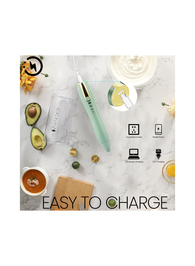 Handheld Milk Frother, USB-C Rechargeable Electric Whisk Drink Foam Mixer, 3 Speeds Adjustable Green Mini Coffee Frother for Latte, Cappuccino, Egg, Hot Chocolate(with 2 Heads 1 Stand)