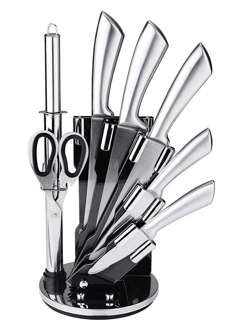 Set of 8 Kitchen Knife Set Professional Chef Knife Sets with Spinning Block, High Carbon Stainless Steel Kitchen Steak Bread Knives Set with Knife Sharpener Kitchen Shear Acrylic Block, Silver