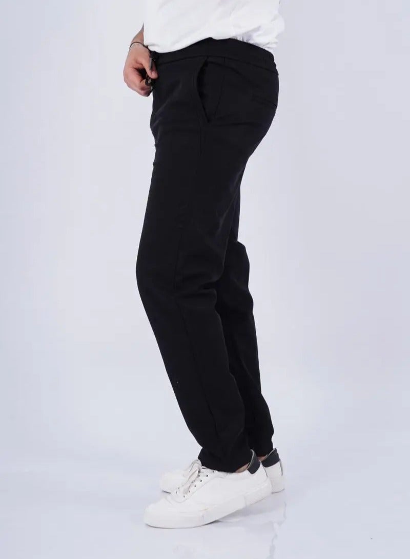 Men’s Drawstring Elastic Waist Band Long Length Pant in Pure Black