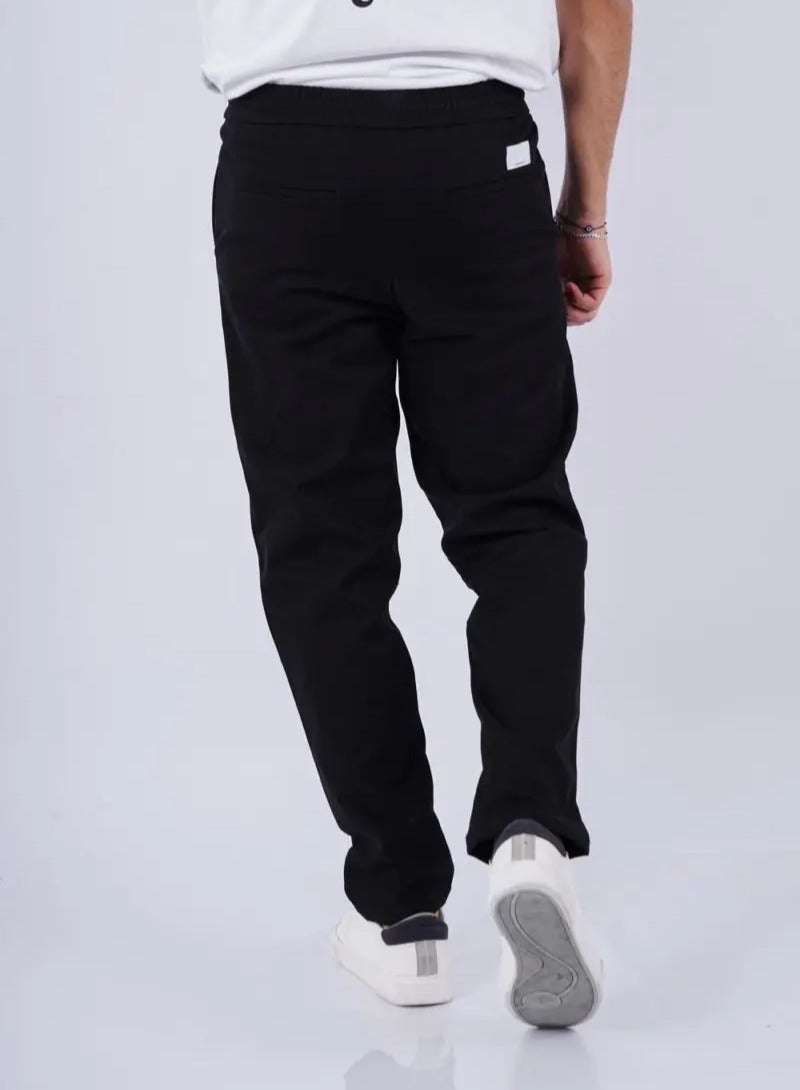 Men’s Drawstring Elastic Waist Band Long Length Pant in Pure Black