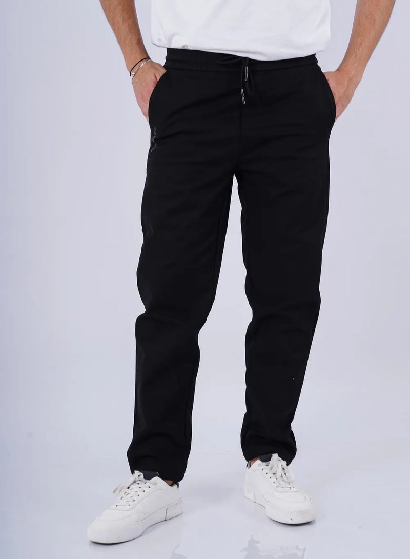 Men’s Drawstring Elastic Waist Band Long Length Pant in Pure Black