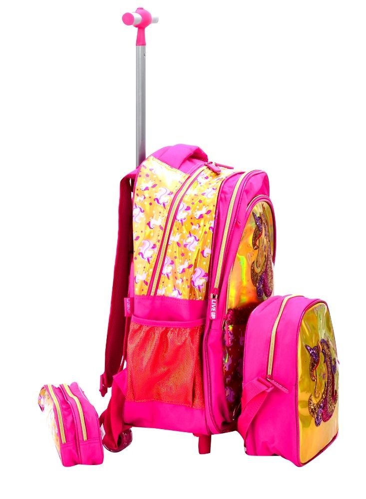 Liveup fuchsia pink unicorn School Tolley bag with Pencil case and Lunch bag (28*17*42)