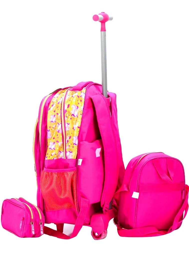 Liveup fuchsia pink unicorn School Tolley bag with Pencil case and Lunch bag (28*17*42)