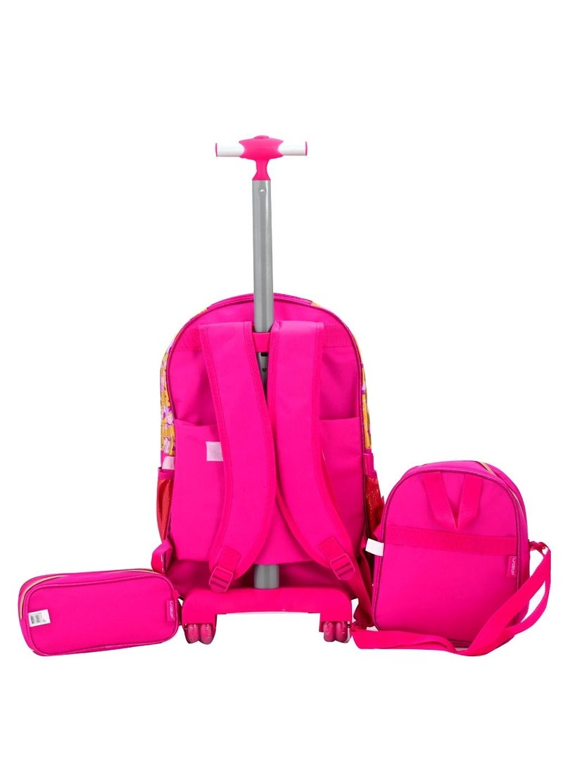 Liveup fuchsia pink unicorn School Tolley bag with Pencil case and Lunch bag (28*17*42)