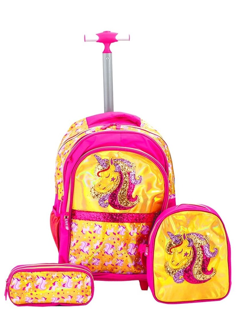 Liveup fuchsia pink unicorn School Tolley bag with Pencil case and Lunch bag (28*17*42)