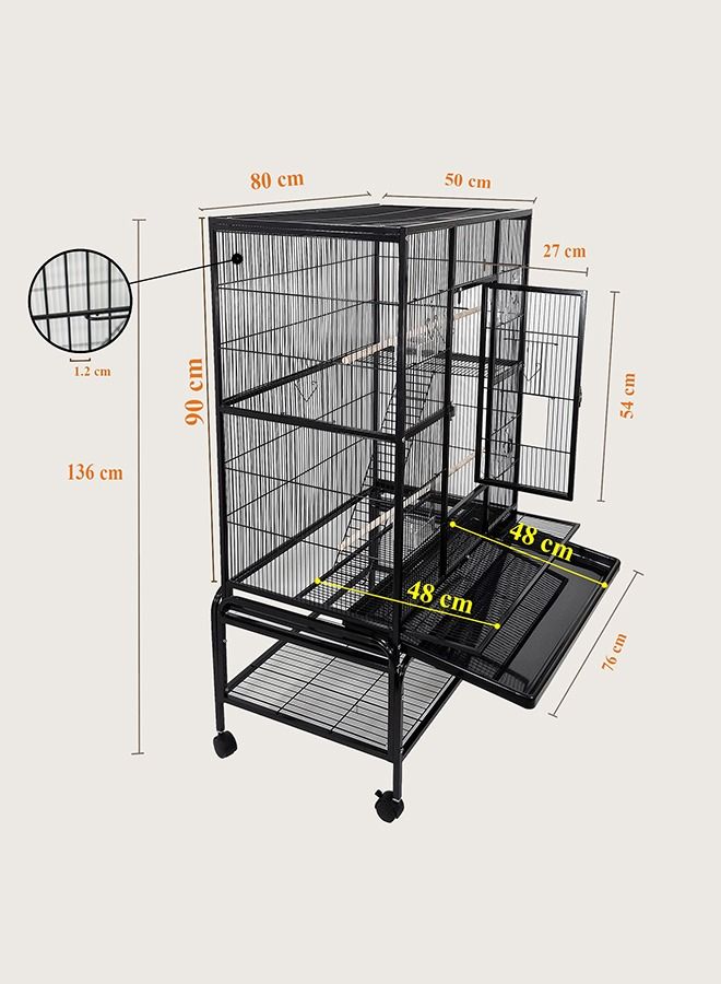 Bird Cage, Black Cage, Modern & Strong cage, Parrot Cage, Birds Home, Entertaining cage, Food Containers, Beautiful design, Indoor use, Easy to Assemble, Black color cage, 136 cm height