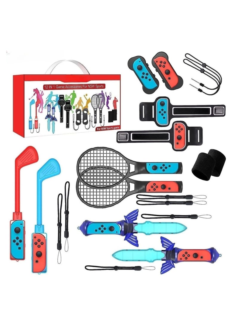 12 in 1 Family Accessories Kit for Nintendo Switch Sports Games:Tennis Rackets,Sword Grips,Golf Clubs,Wrist Dance Bands ,Leg Strap