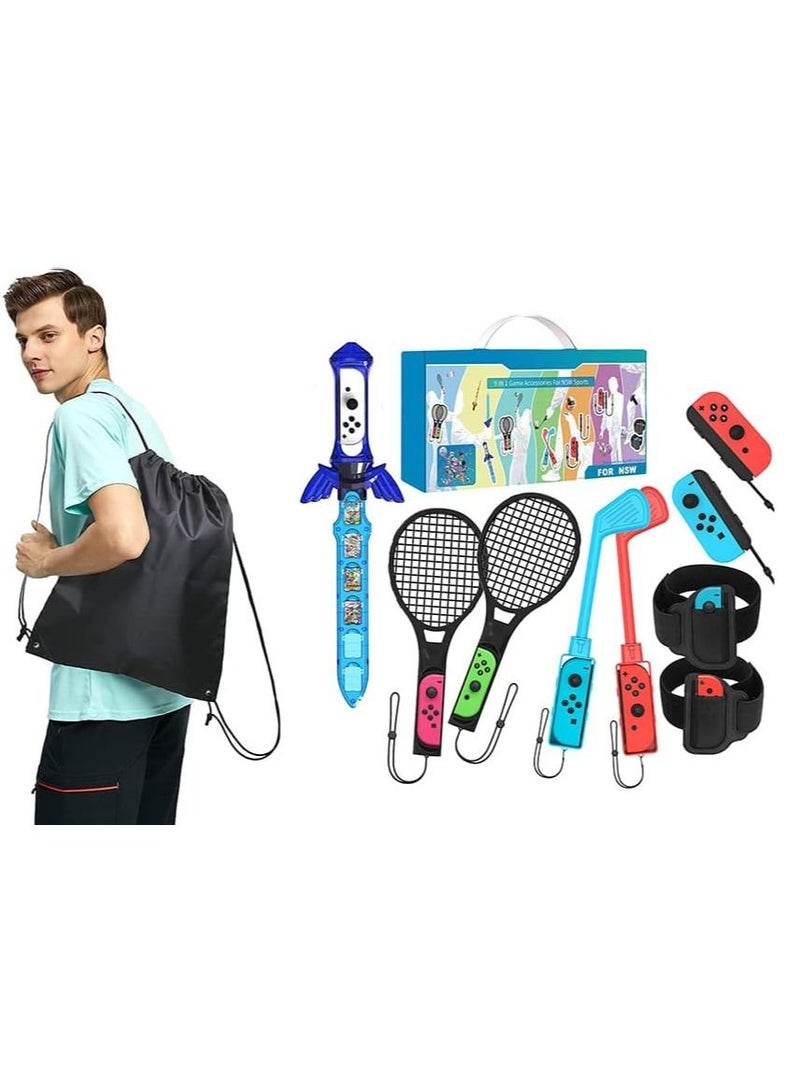 9 IN 1 Game Accessory Kits For Nintendo Switch Sports 2022,For Switch Joy-Con, Mario Tennis Ace Rackets +Golf Clubs for Mario Golf Super Rush Leg Straps for Ring Fit Adventure and Chambara Game Sword