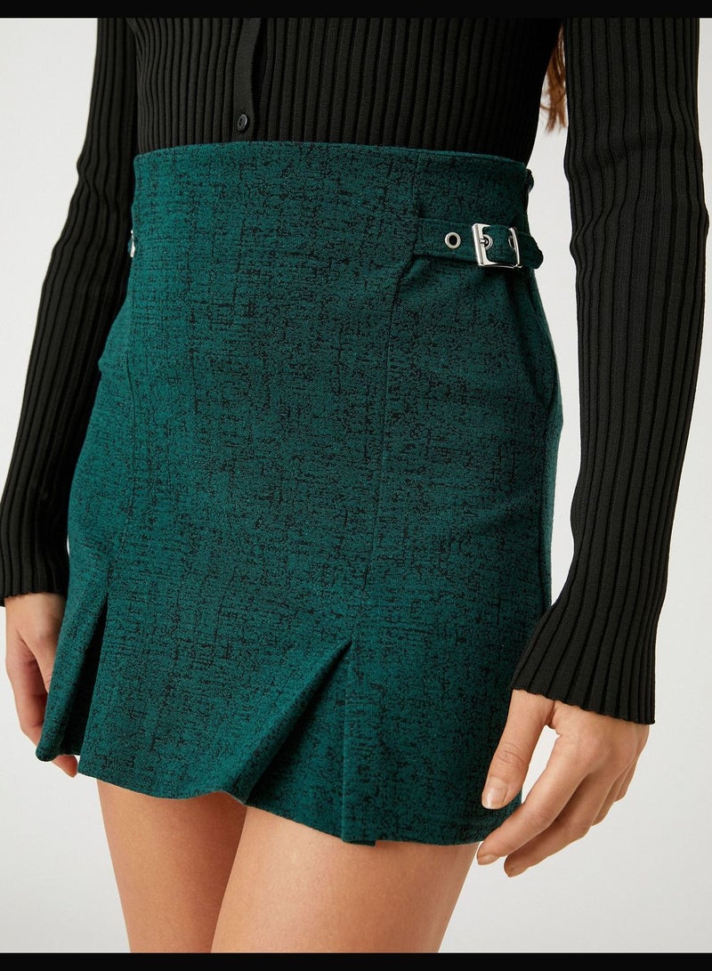 Mini Skirt Pleated Buckle Detail Patterned