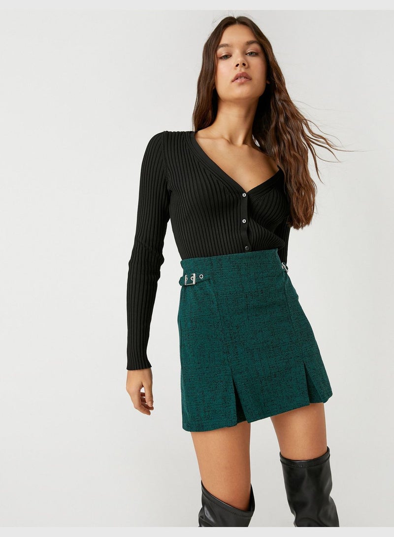 Mini Skirt Pleated Buckle Detail Patterned