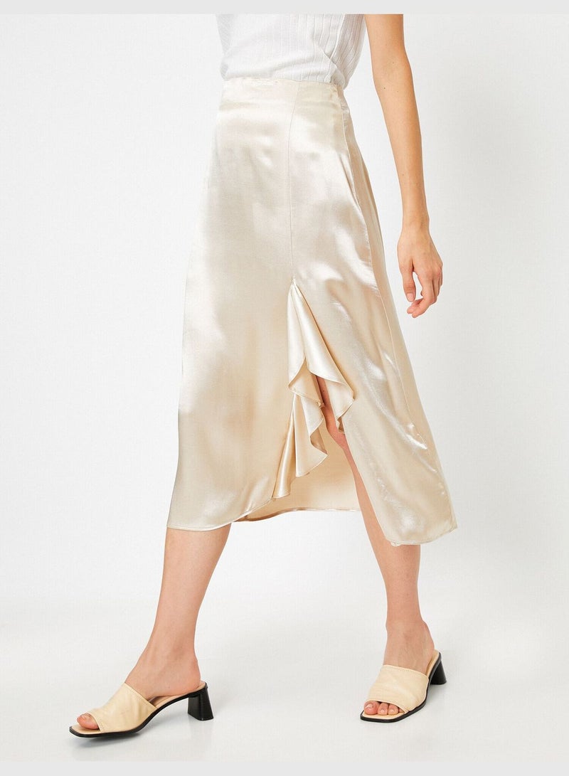 Frilled High Waisted Midi Slit Skirt