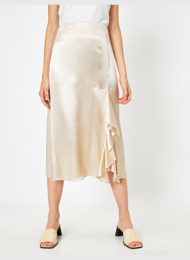 Frilled High Waisted Midi Slit Skirt