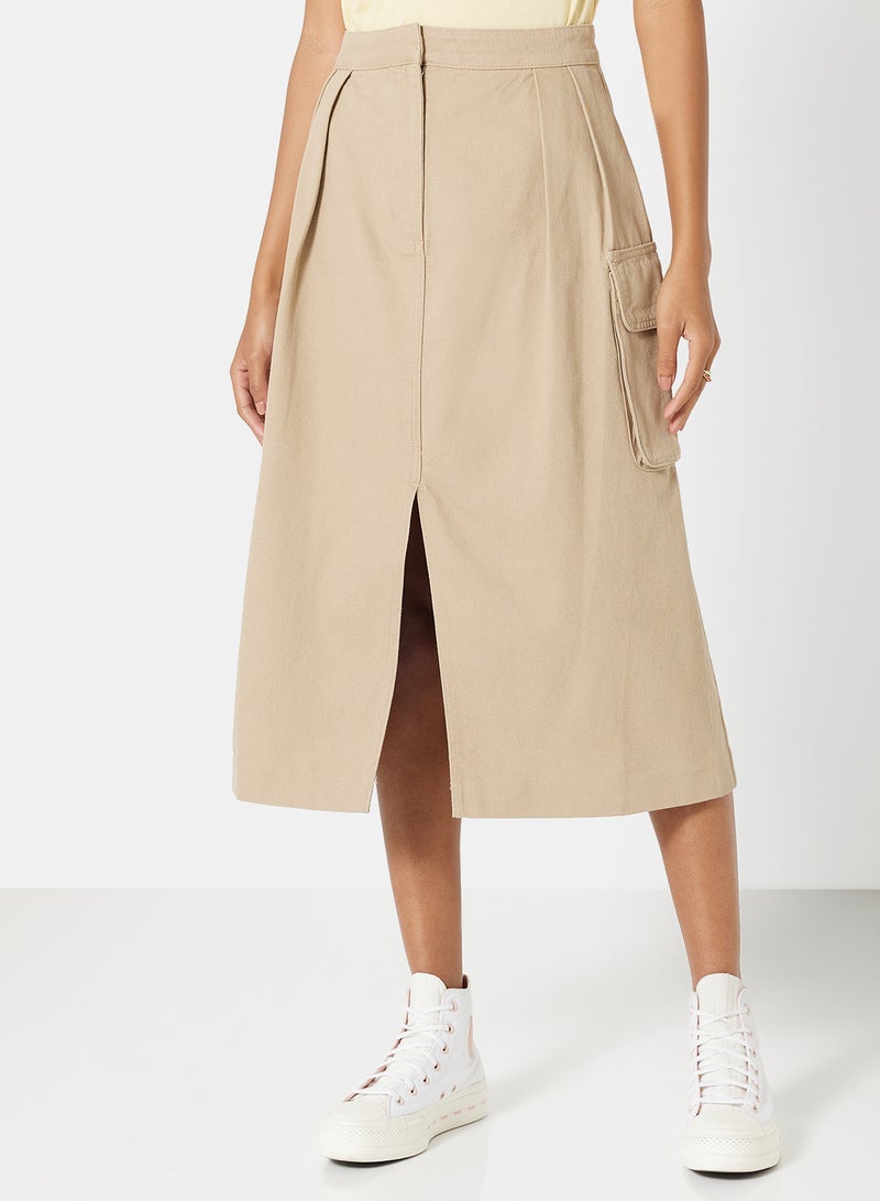 Front Slit Cargo Midi Skirt Beige