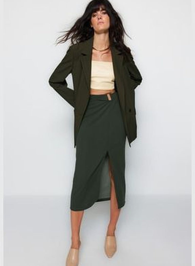 Khaki Crepe Buckled Maxi High Waist Elastic Knitted Skirt With Slit Detail TWOAW24ET00054