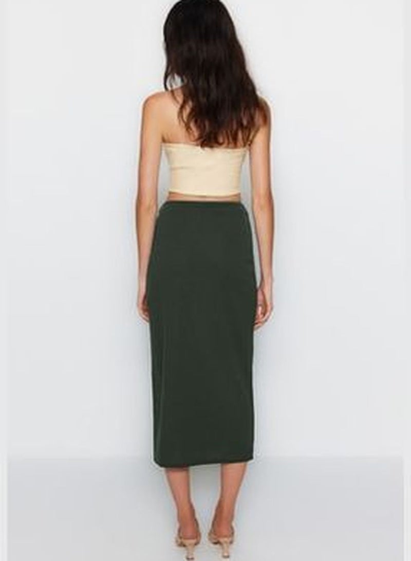 Khaki Crepe Buckled Maxi High Waist Elastic Knitted Skirt With Slit Detail TWOAW24ET00054