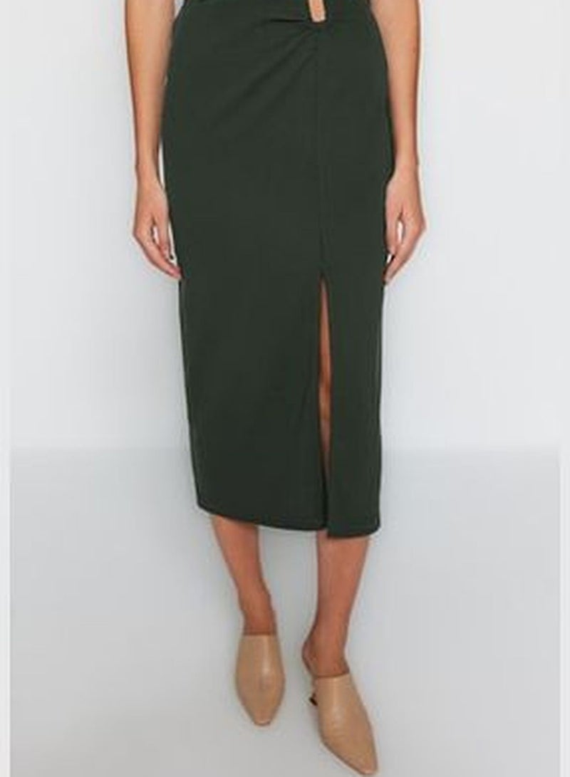 Khaki Crepe Buckled Maxi High Waist Elastic Knitted Skirt With Slit Detail TWOAW24ET00054