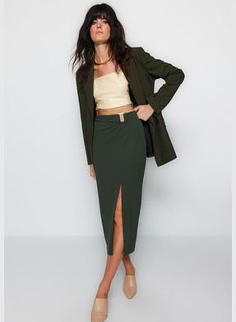 Khaki Crepe Buckled Maxi High Waist Elastic Knitted Skirt With Slit Detail TWOAW24ET00054