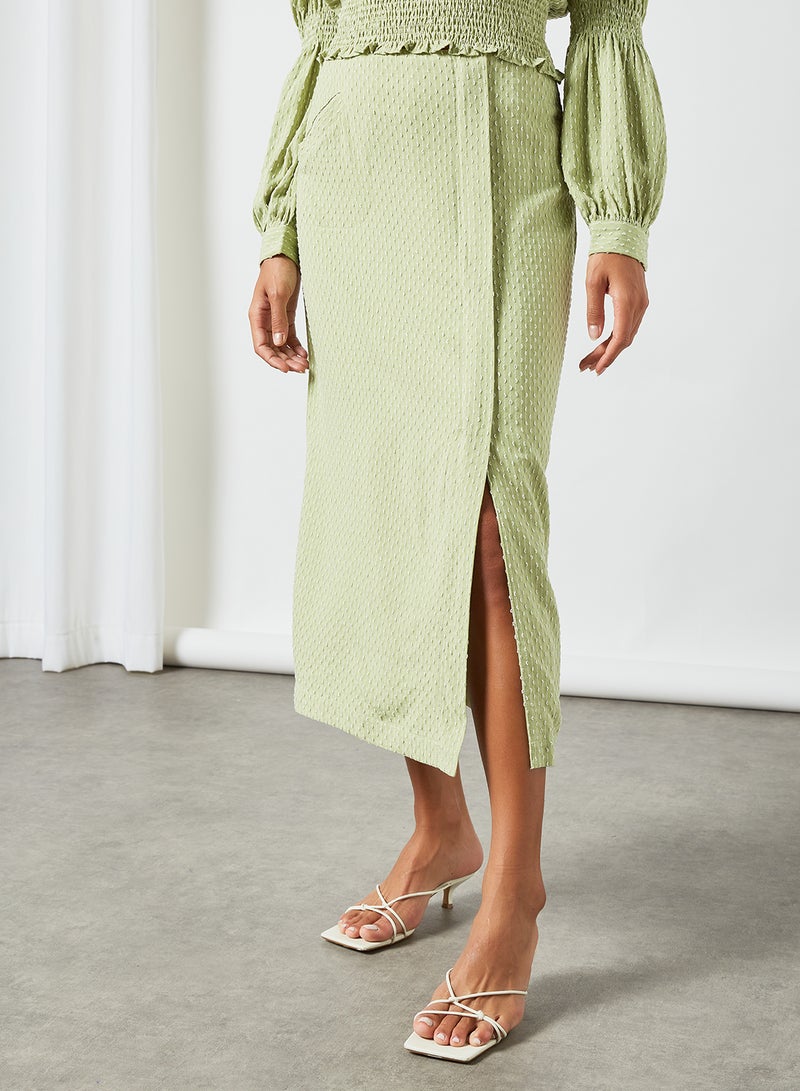 Front Slit Textured Skirt Green