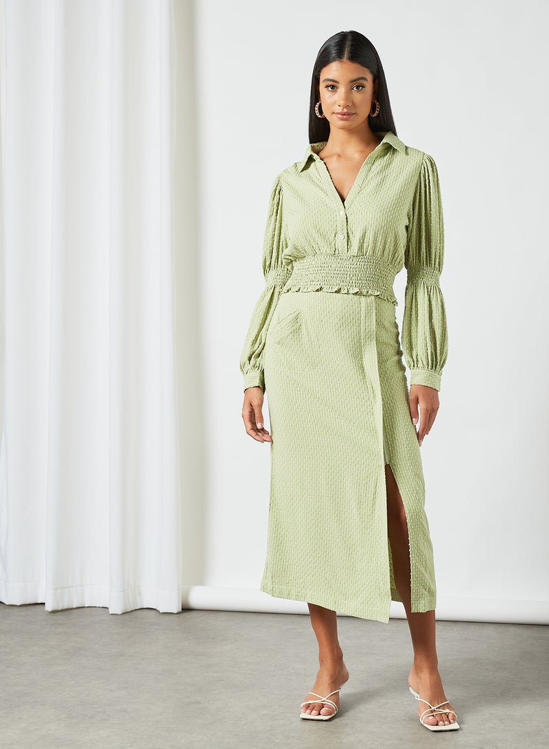 Front Slit Textured Skirt Green